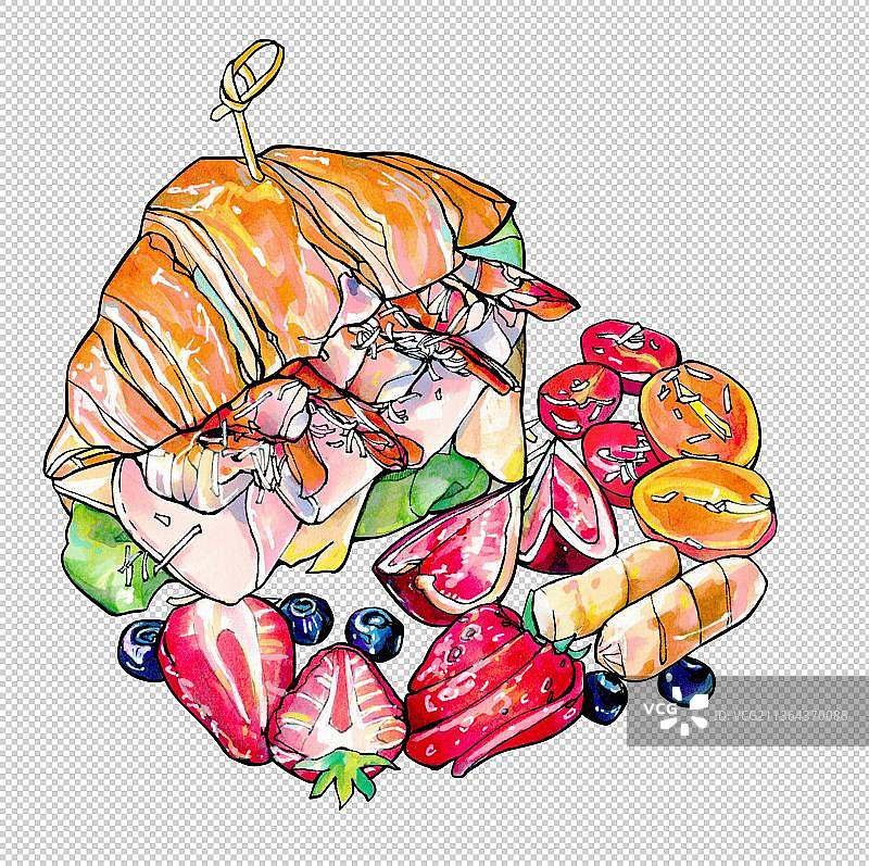 早午餐 鲜虾芝士可颂和水果 可颂面包 美食食物餐饮菜单饮食图片素材