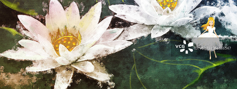 中国厚涂油画风白莲花女孩卷轴版图片素材