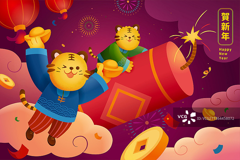 可爱虎年角色与鞭炮翱翔于天际插图图片素材