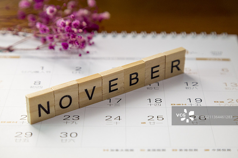 用木质积木砌成的字母单词十一月图片素材