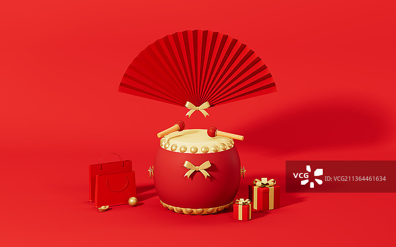 锣鼓与扇子背景3D渲染图片素材