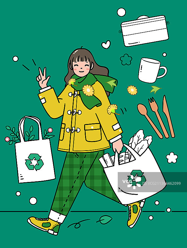 清新线条插画环保女孩图片素材