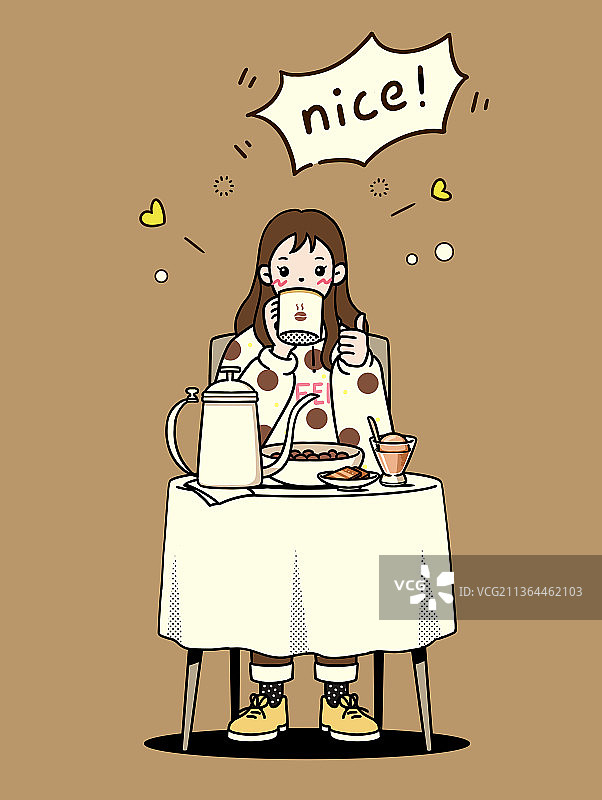 清新线条插画一个喝咖啡的女孩图片素材