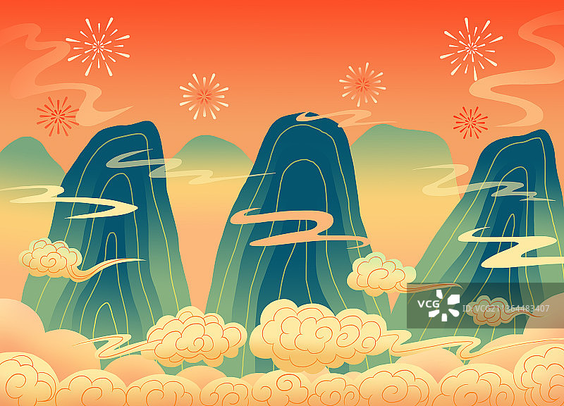 国风青山祥云插画海报图片素材