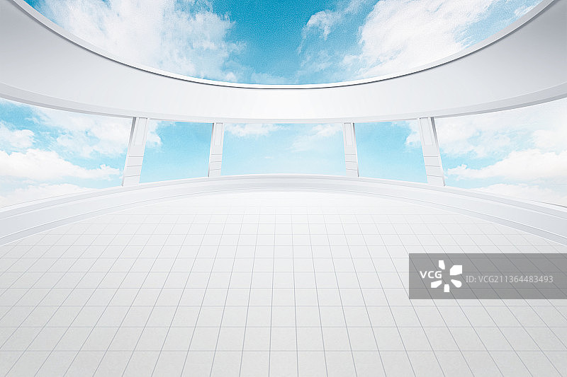 未来感展厅室内设计与蓝天背景适用汽车广告背景图片素材