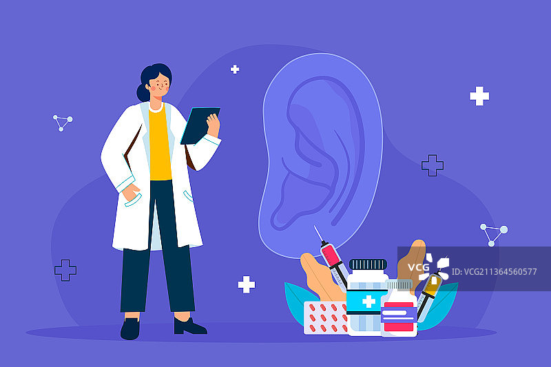 医生治疗耳朵相关疾病矢量插画图片素材