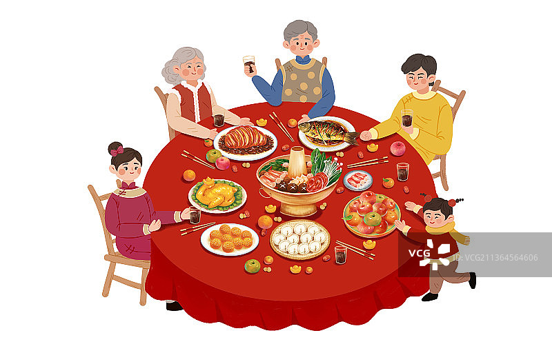 除夕团圆饭年夜饭插画元素图片素材