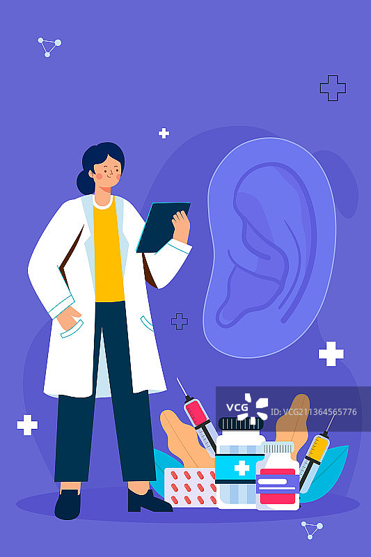 医生治疗耳朵相关疾病矢量插画图片素材