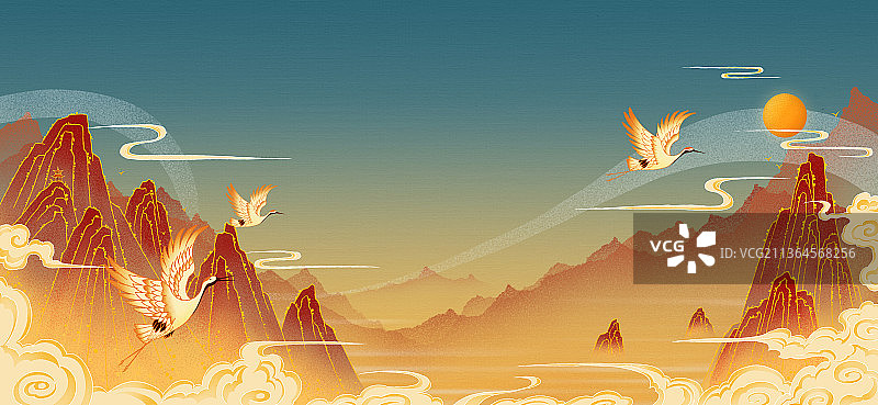 国风古典祥云山水插画背景图片素材