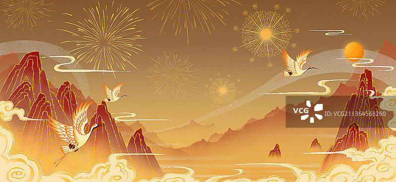 国风古典祥云烟火山水插画背景图片素材