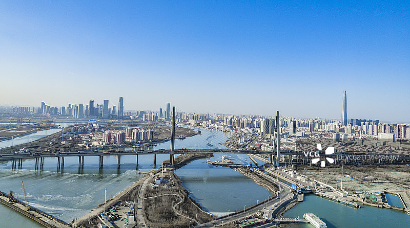 天津滨海新区海河大桥航拍风光图片素材