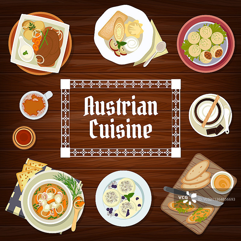 奥地利美食菜单封面：肉类和水果菜肴图片素材