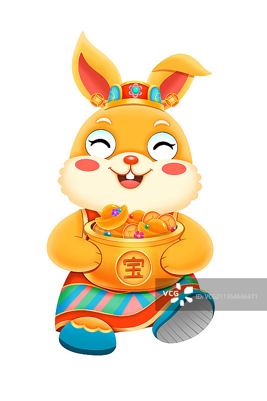 国潮新年兔年春节抱聚宝盆的兔子元素图片素材