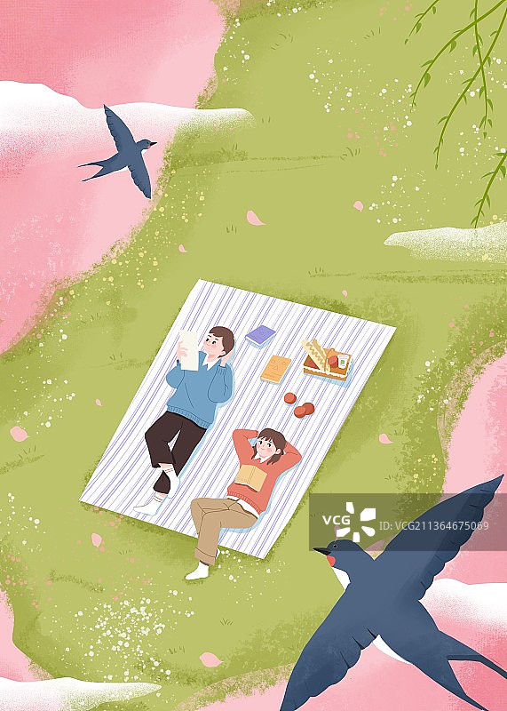 春天躺在樱花树下的情侣手绘插画图片素材