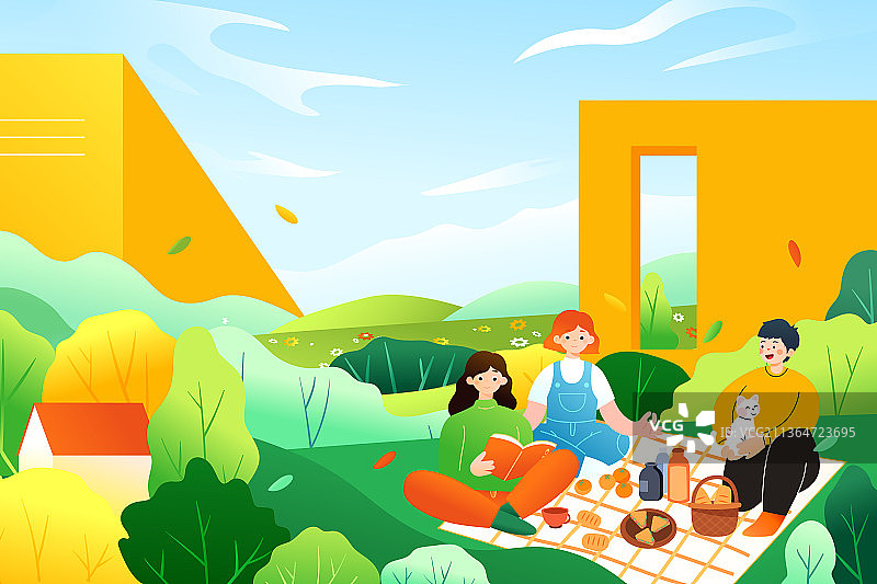 卡通春季春天立春春分教育学习学生野餐旅游自然风景渐变矢量插画图片素材