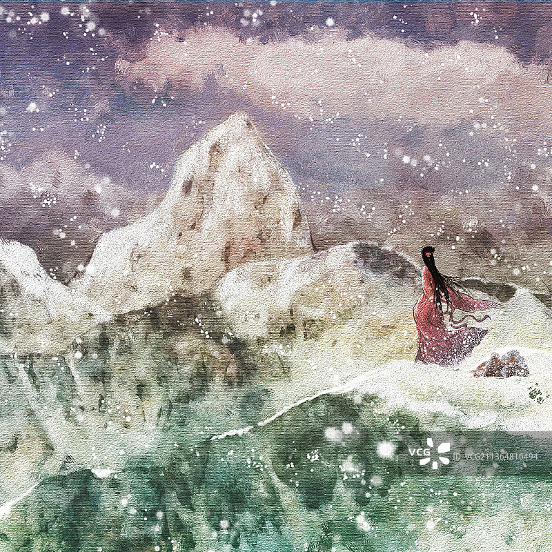 中国厚涂油画风古风雪山正方版图片素材