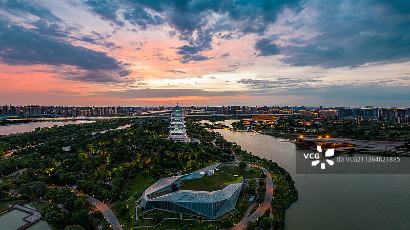 西安浐灞生态区长安塔航拍灞河图片素材