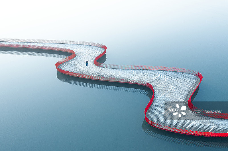 航拍镜子般的水面和人行栈道桥梁图片素材