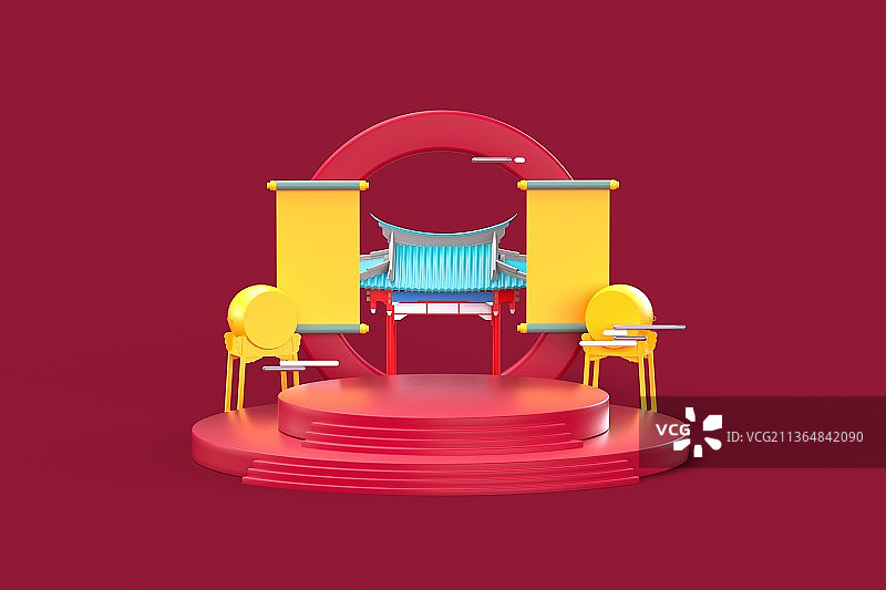 3d渲染中国风美陈展示台背景图片素材