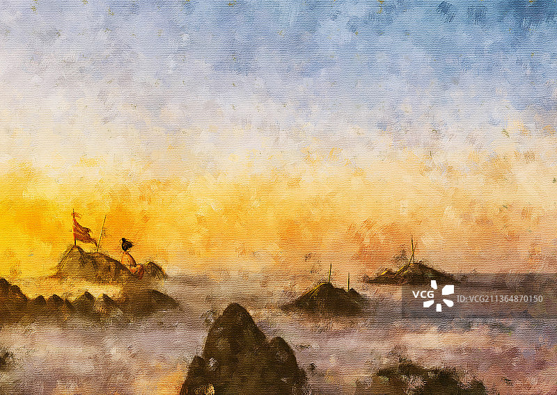 中国厚涂油画风荒凉的战后场景横版图片素材