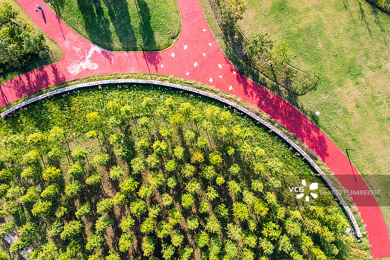 中国上海临港滴水湖口袋公园城市绿化跑道森林树木休闲公园游乐设施儿童乐园图片素材