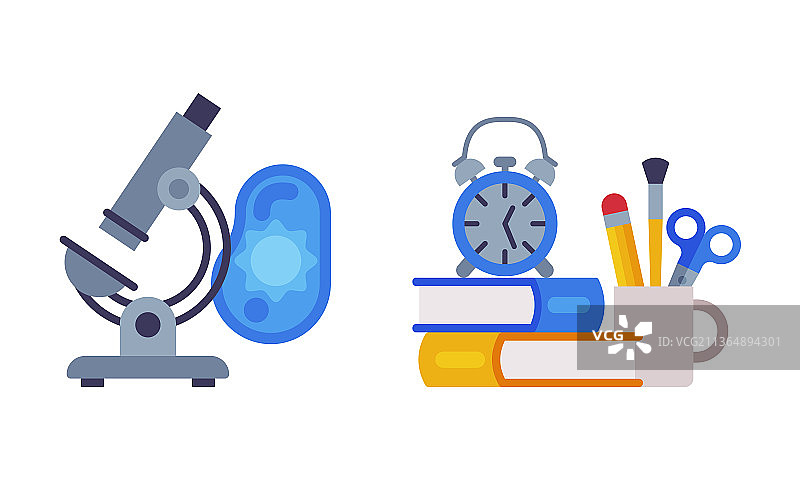 显微镜、细胞、书籍和闹钟图片素材