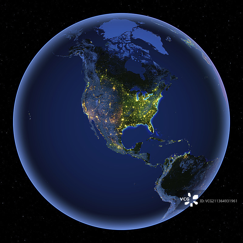 具有地形起伏的全地球之夜的北美洲夜景图片素材