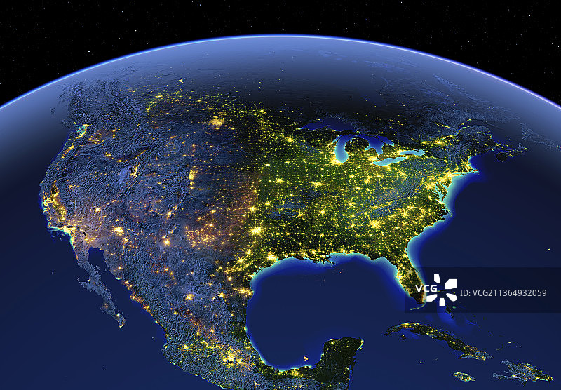 具有地形起伏的地球上的北美洲夜间灯光图片素材
