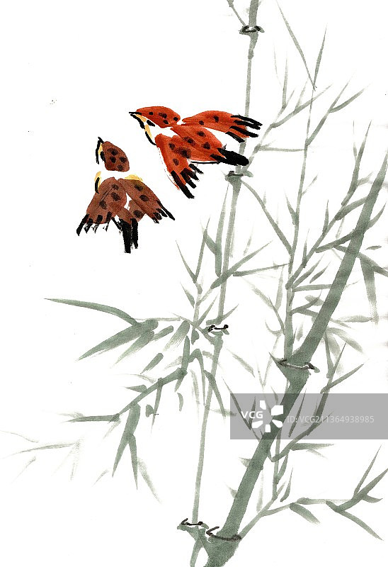 竹子与飞翔的麻雀图片素材