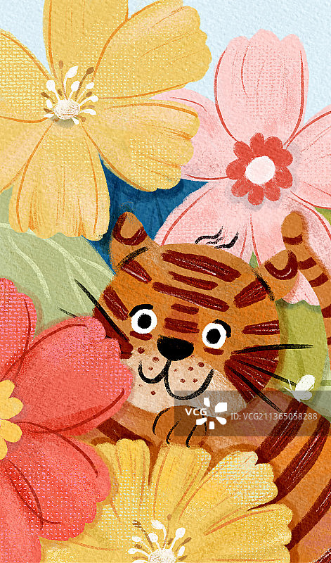 虎年花开老虎手绘插画背景红包图片素材