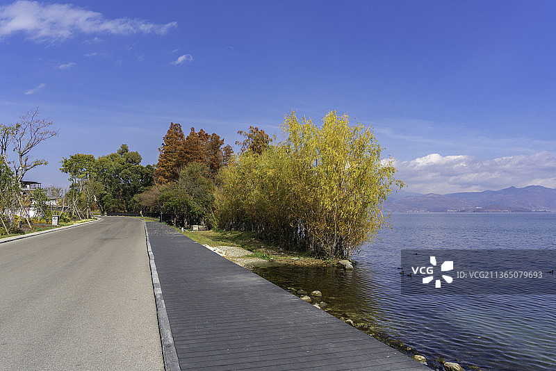中国云南省大理市洱海生态廊道秋天的风景和绿道公路图片素材