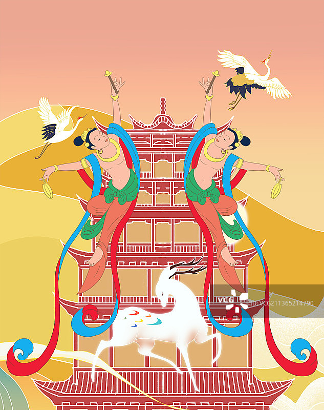 中国风国潮风新中式古风古典古文明古文化敦煌莫高窟壁画飞天插画图片素材