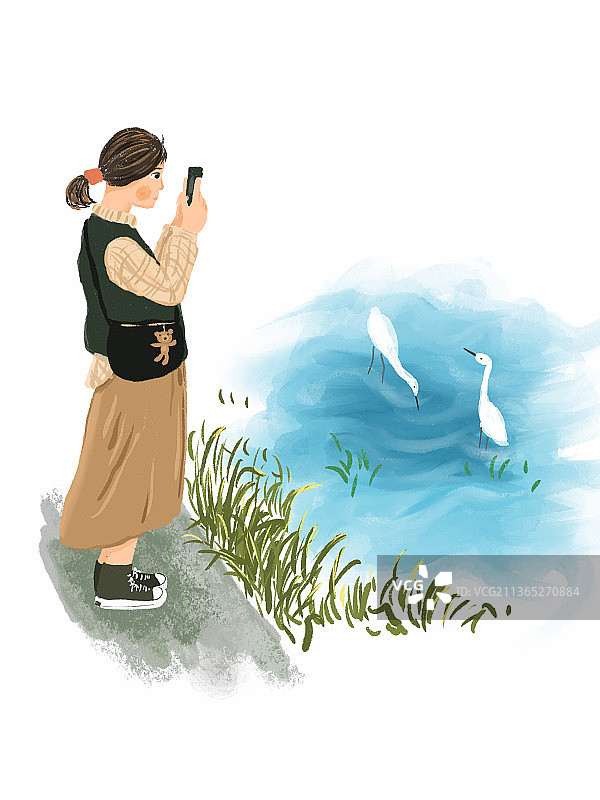 河边少女和白鹭图片素材