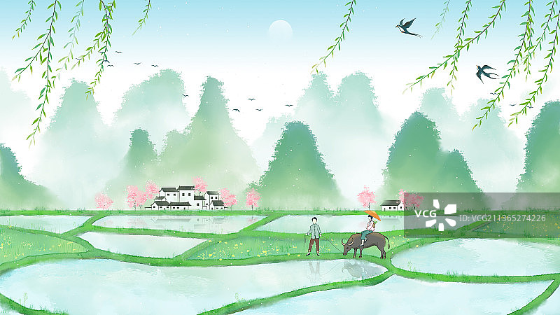 春天放牛情侣田园风水墨插画图片素材