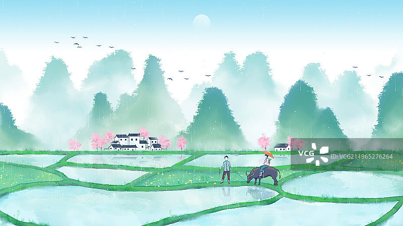 春天广西田园风雨水水墨插画图片素材