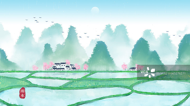 春天广西田园风雨水水墨插画图片素材