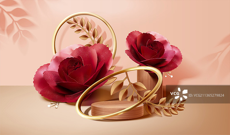 奢华玫瑰纸花人造产品展台图片素材