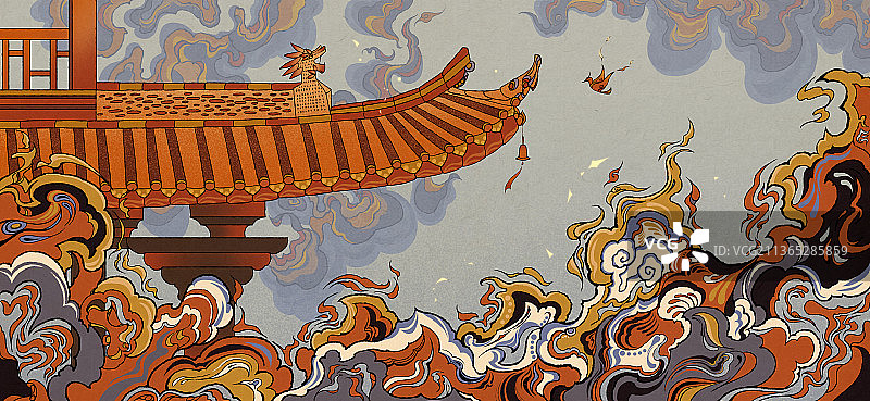 古典建筑屋檐国风插画图片素材