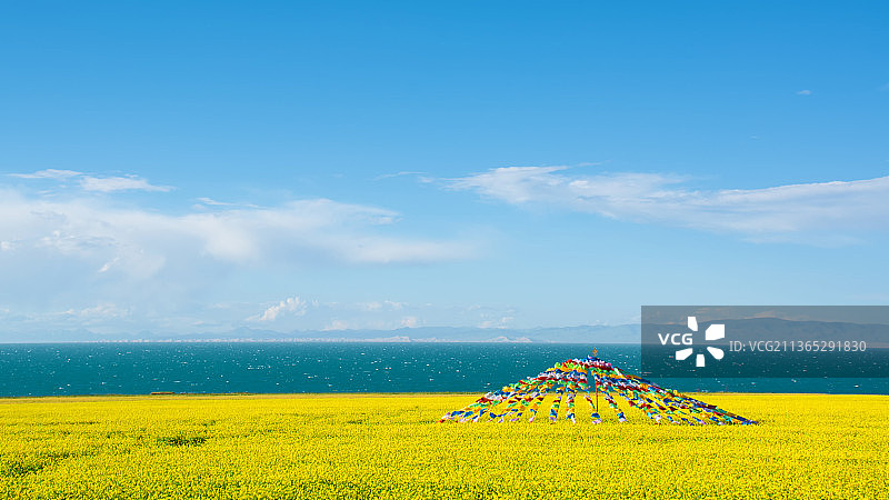 青海湖边的风马旗图片素材