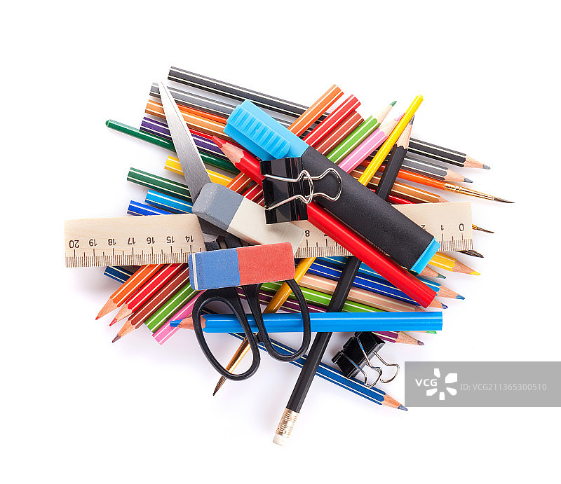 学校和办公用品堆，白色背景上的学校用品俯视图图片素材