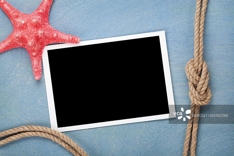 带有海星和船用绳索的空白相框图片素材