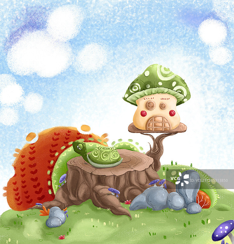 龟兔赛跑  蘑菇屋   木墩  童趣   小乌龟图片素材