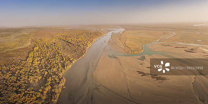 塔里木河胡杨林，秋天，航拍，塔里木河，日光，沙漠，胡杨，胡杨林，河流，森林，秋景，全景，高视角，江河图片素材