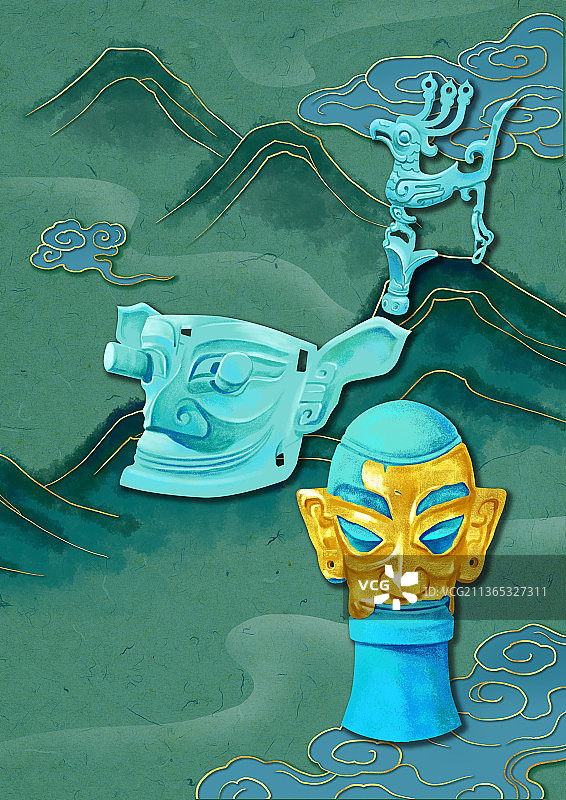 三星堆古文化面具人太阳鸟插画图片素材