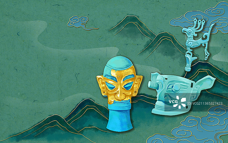 三星堆古文化面具人太阳鸟插画图片素材