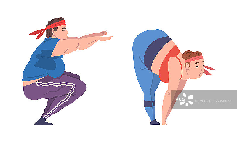 做深蹲的超重男人和女人图片素材