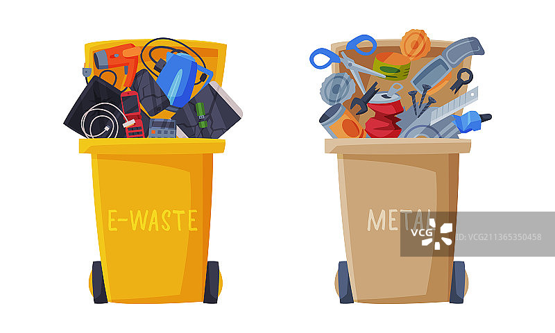 用装满可回收垃圾的垃圾箱进行垃圾分类图片素材