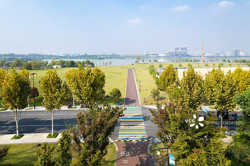 航拍金华湖海塘景区道路图片素材