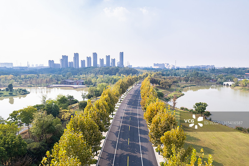 航拍金华湖海塘景区道路图片素材