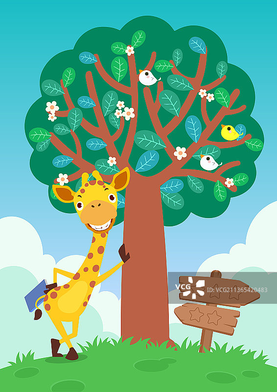 一颗树旁边站着一只长颈鹿图片素材